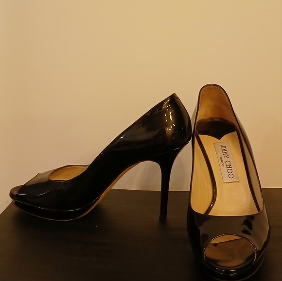 Jimmy Choo Black Patent Leather Peep Toe Platform Pumps - Picture 4 of 6